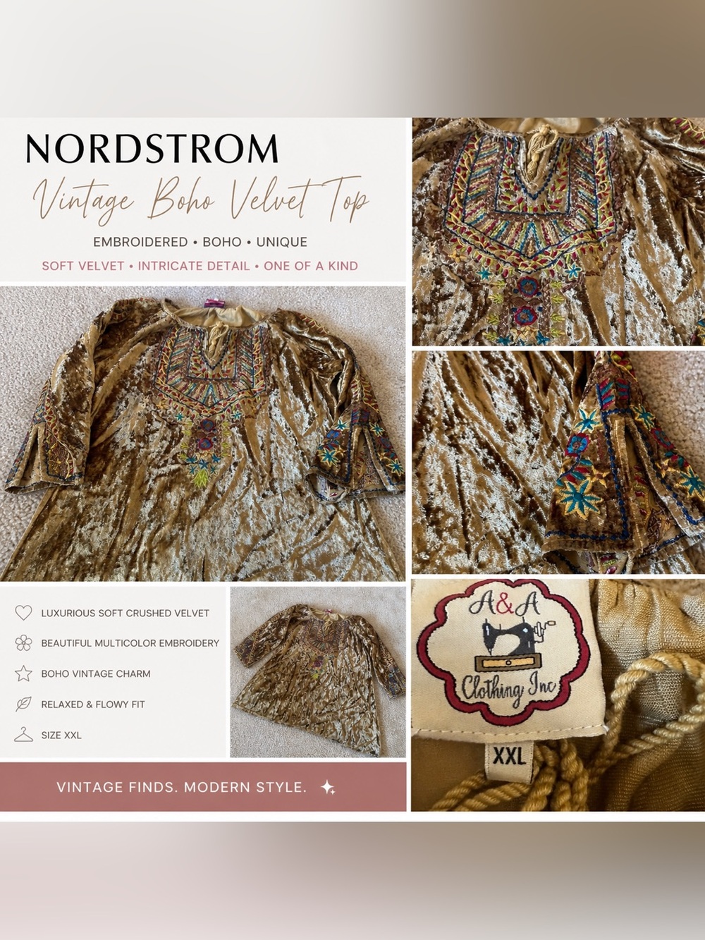 A&A Vintage Boho Embroidered Crushed Velvet Top - Gold